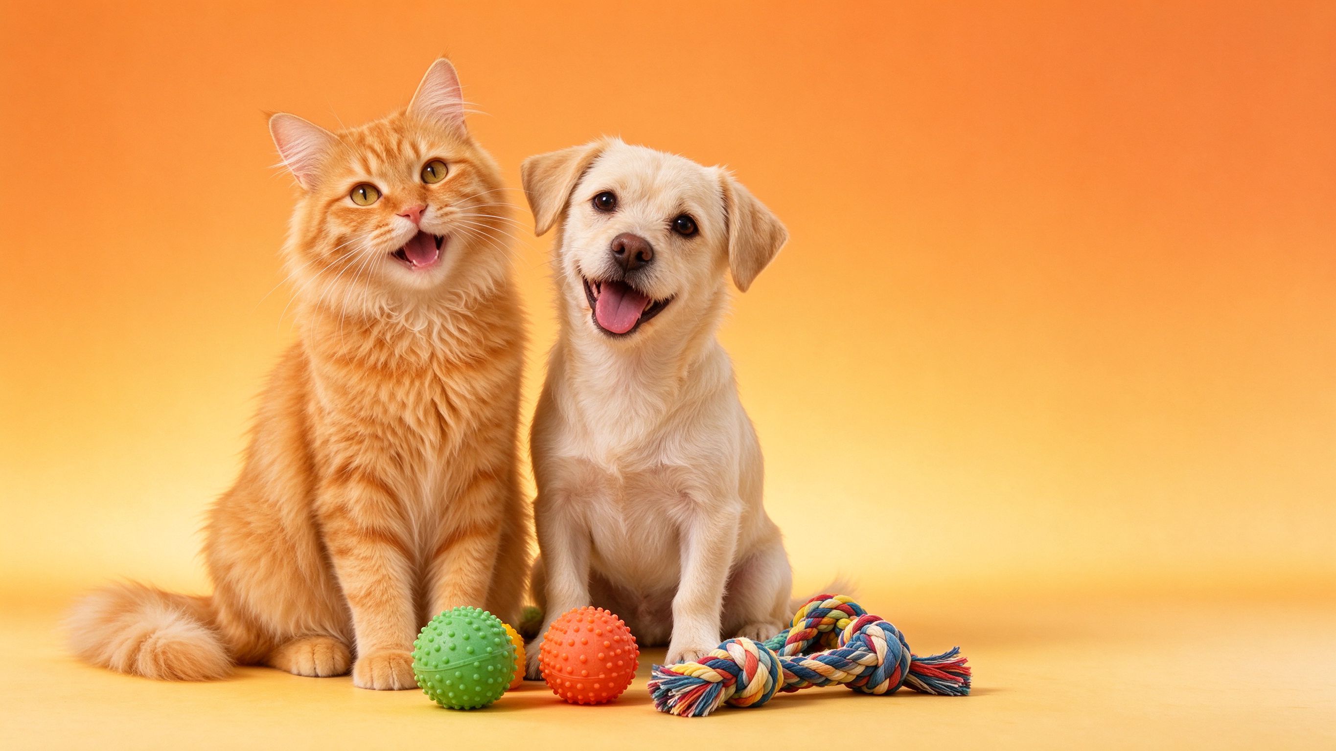 Friendly cat and puppy with pet toys
